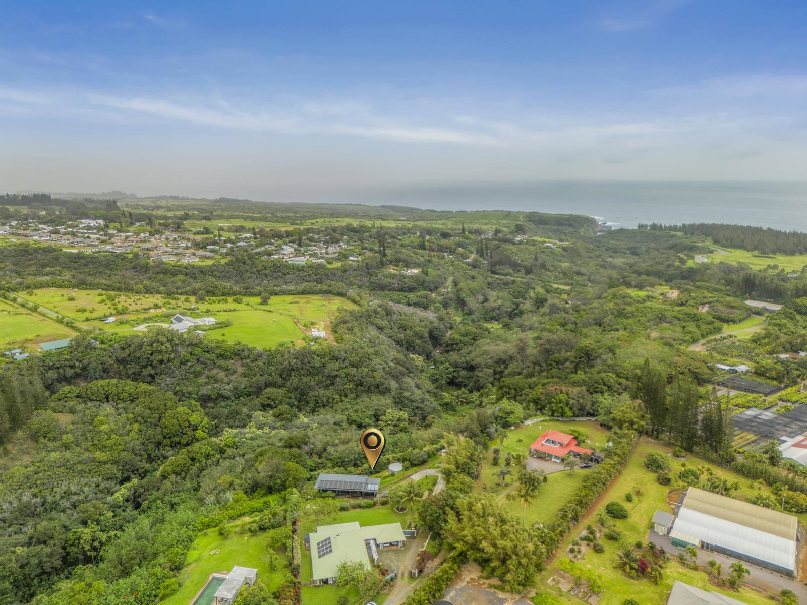 Aerial view of the property: black-roofed home set into a 2.2-acre food forest of bananas, papayas and avocado, jungle rolling toward the Pacific