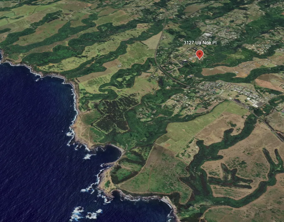 Satellite view of 3127 Ua Noe Pl, Ha‘ikū, Maui — pin marking the property with Pacific coastline