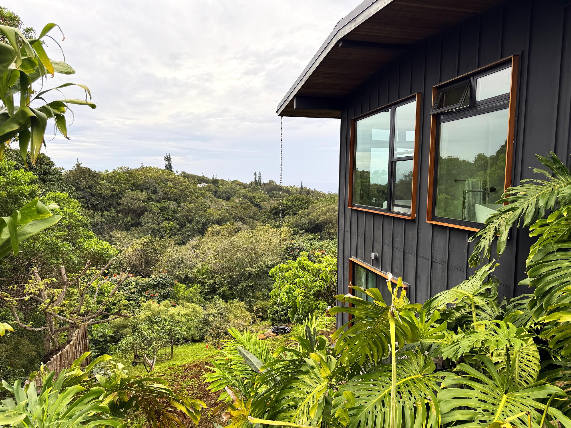 Side of the house framed by giant monstera leaves, opening to the gulch and a sliver of ocean beyond