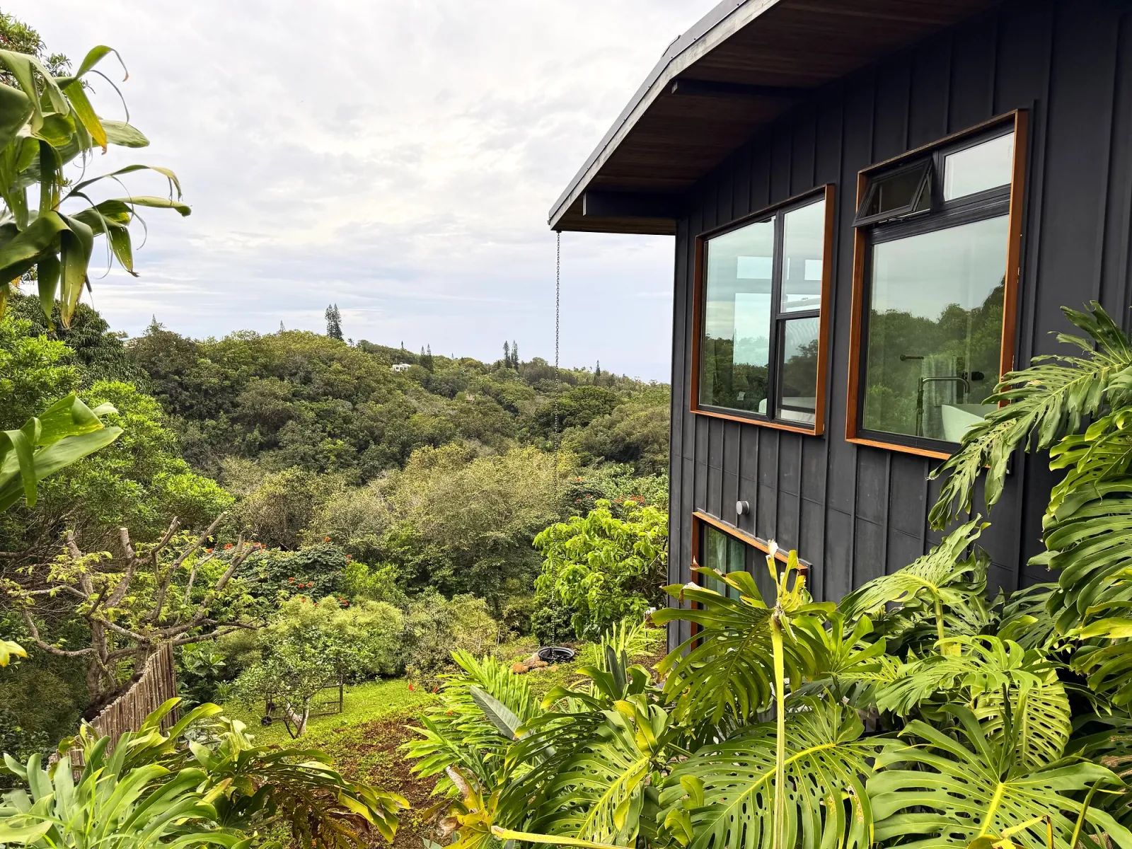 Side of the house framed by giant monstera leaves, opening to the gulch and a sliver of ocean beyond
