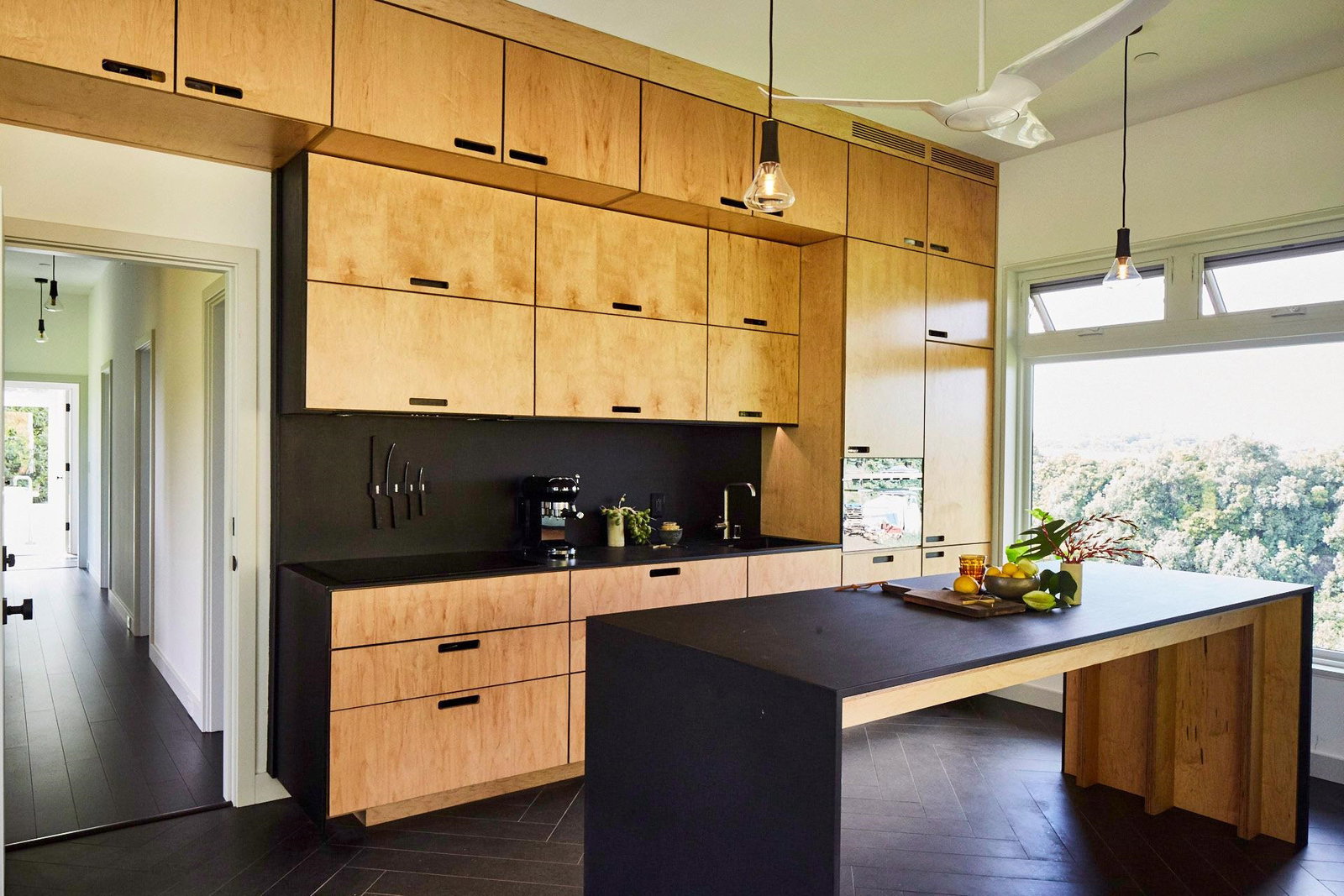 The kitchen, marine plywood and Richlite counters