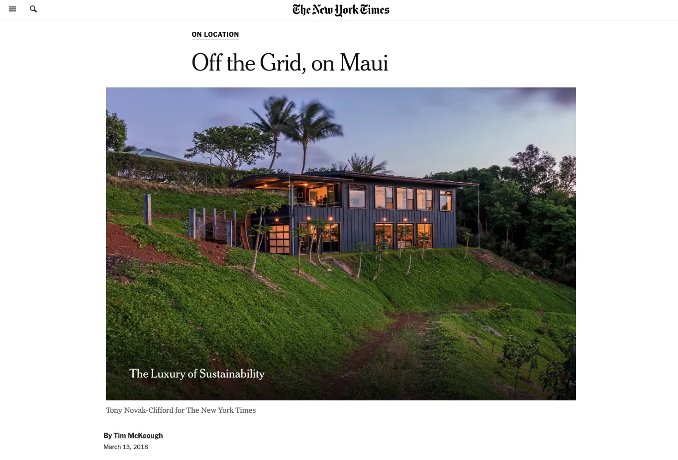Screenshot of the New York Times article 'Off the Grid, on Maui' featuring the house at dusk on a Maui ridge, byline by Tim McKeough, March 13, 2018